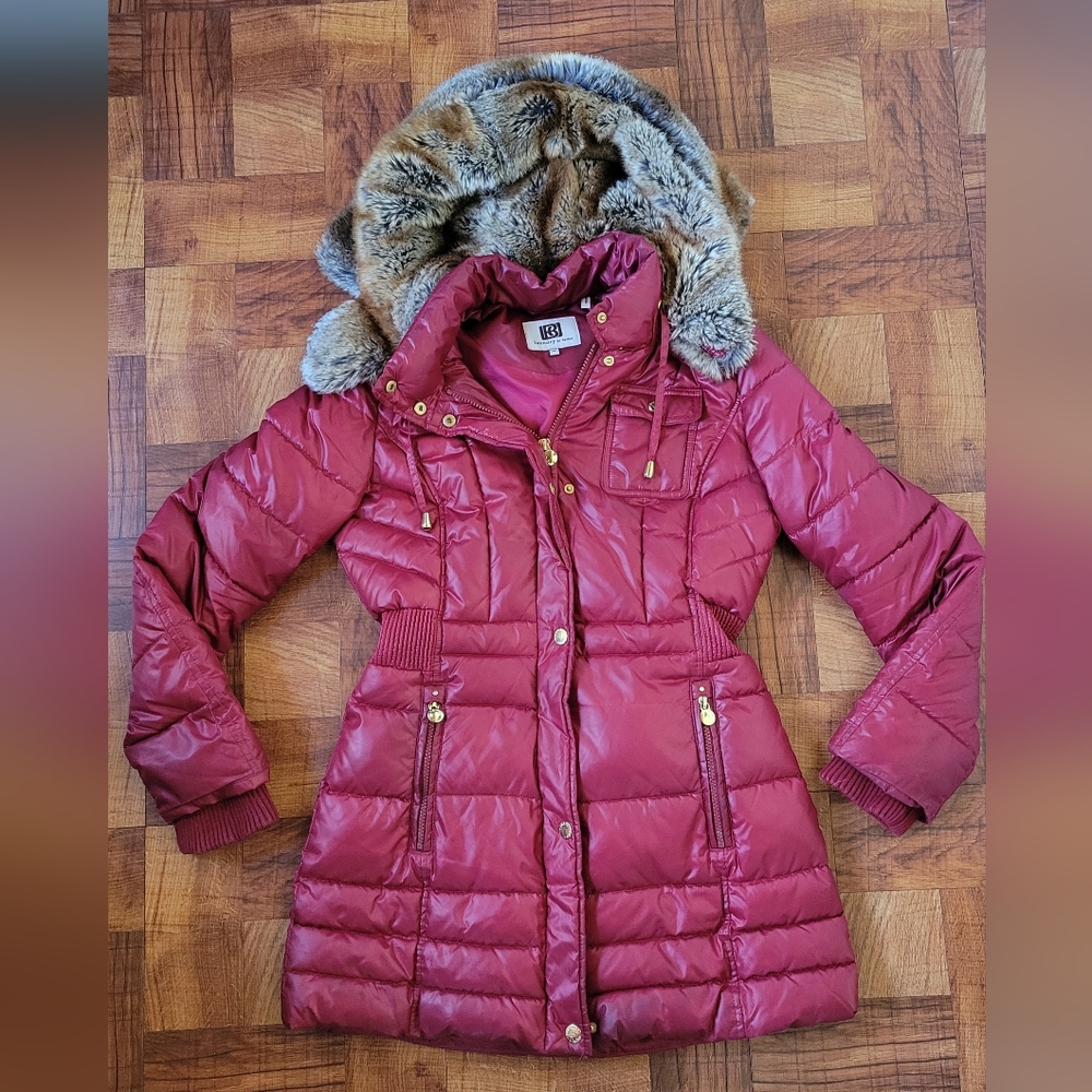 Laundry by Design Burgundy Puffer Coat with Faux Fur Hood, size M